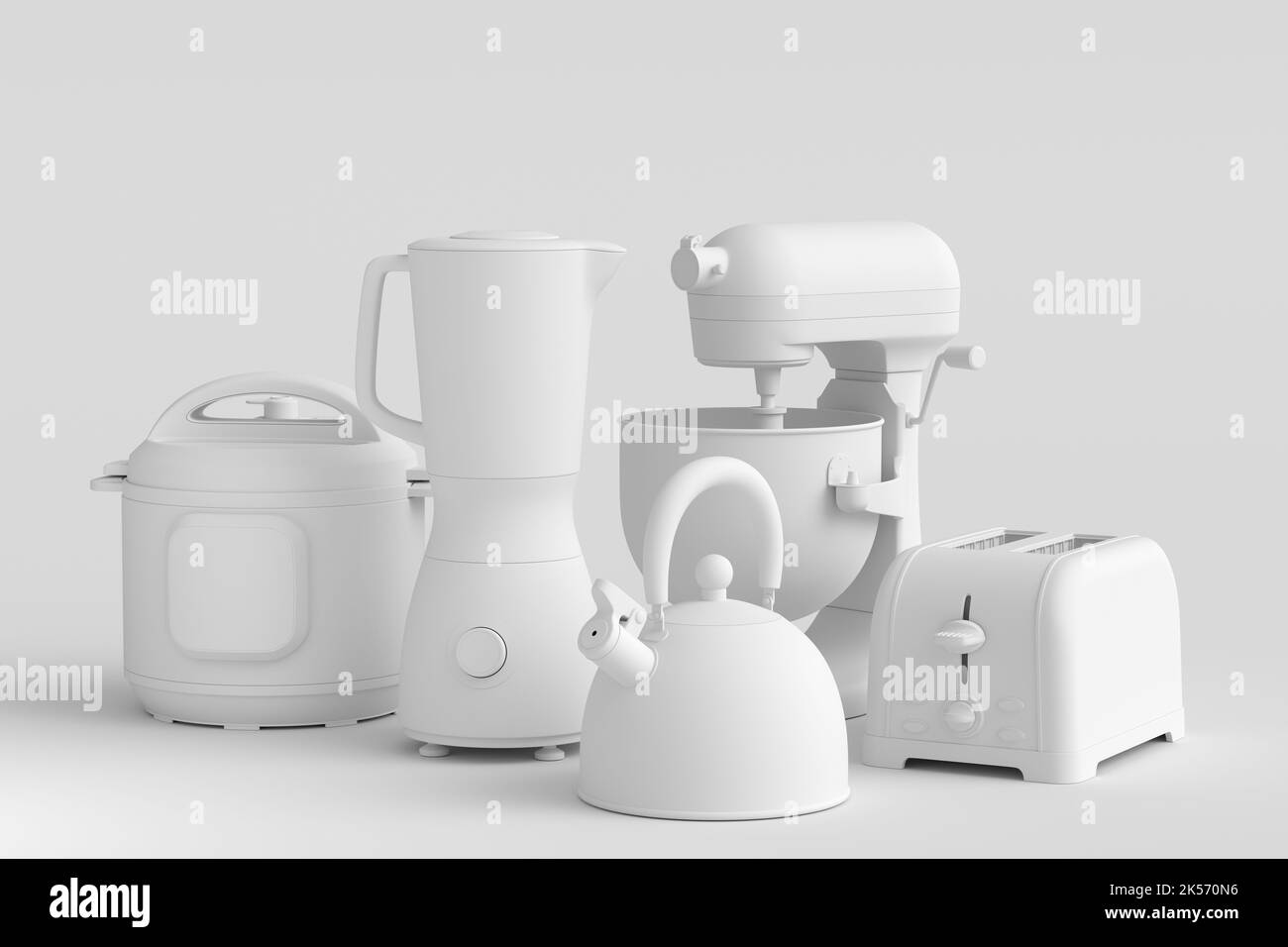 Elektrische Küchengeräte und Utensilien für das Frühstück auf monochromem Hintergrund. 3D Render von Küchengeräten zum Kochen, Backen, Mixen und Whi Stockfoto