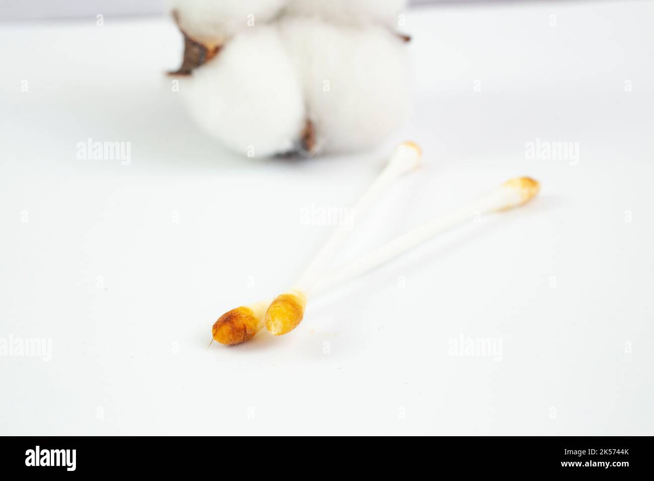 Wattestäbchen, die nach der Ohrenreinigung mit einer im Hintergrund entkochten Baumwollblume mit Cerumen verschmutzt sind Stockfoto
