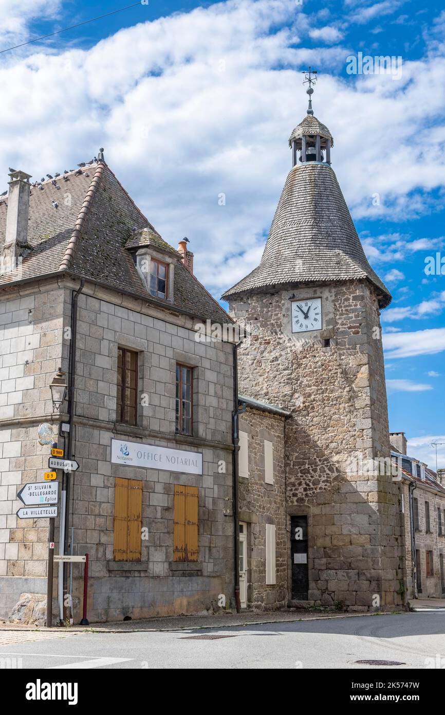 Frankreich, Creuse, Bellegarde en Marche, Horloge Tower Stockfoto