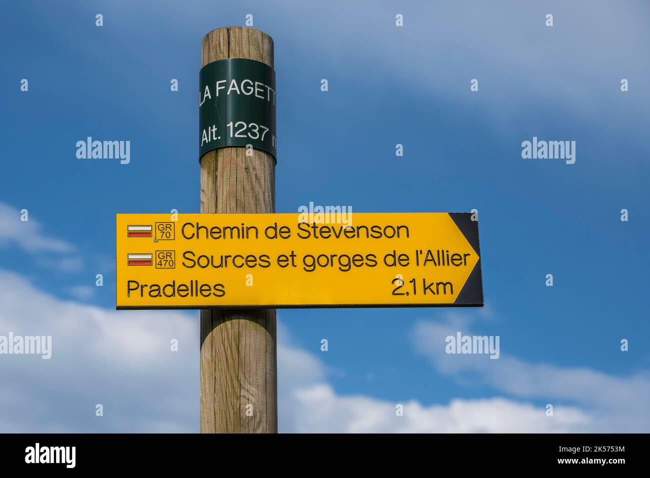 Frankreich, Haute Loire, Pradelles, Zeichen des Robert Louis Stevenson Trails (GR 70) Stockfoto