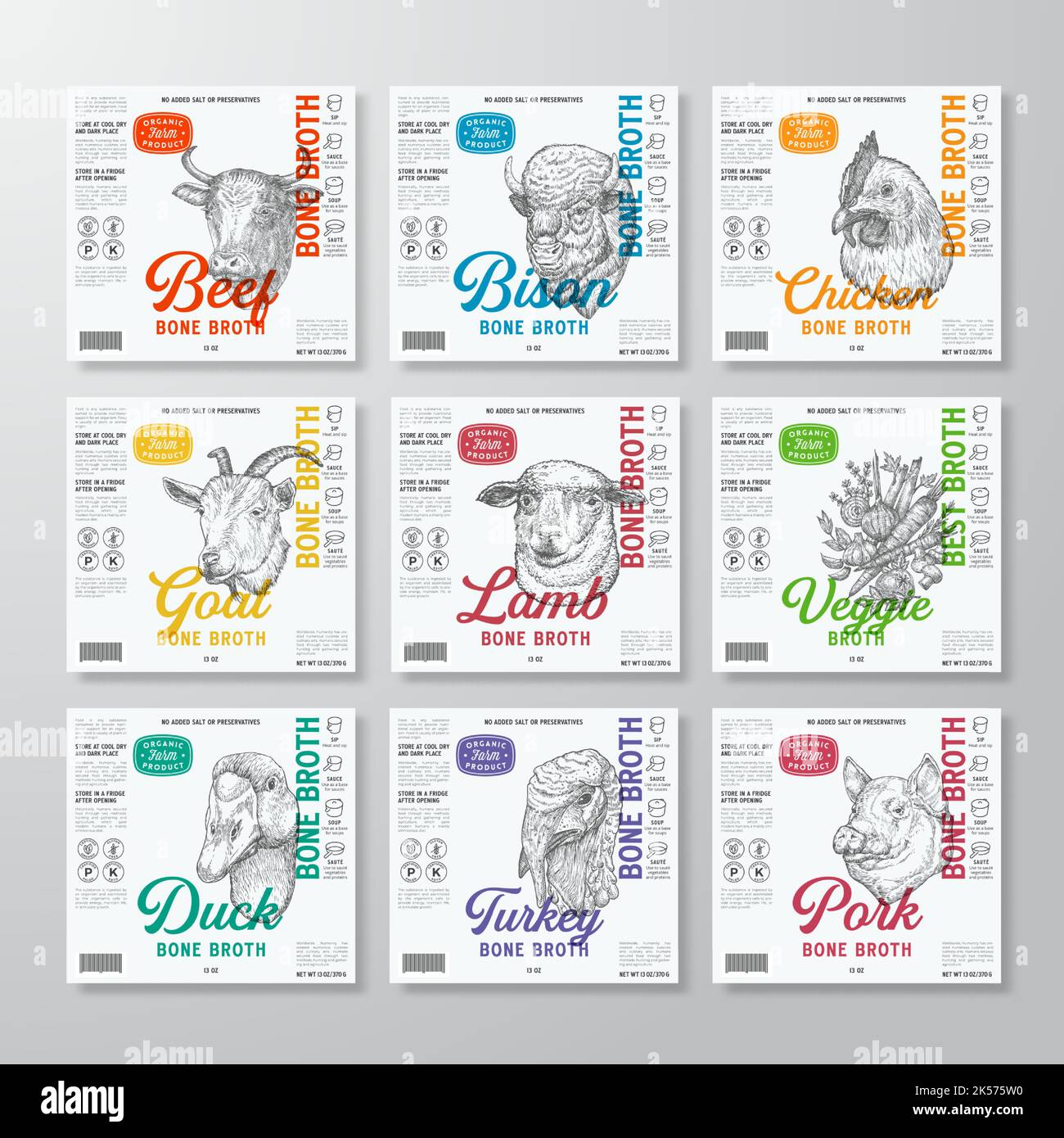 Vorlagen Für Knochenbrühe-Etiketten Gesetzt. Abstract Vektor Lebensmittelverpackung Design Layouts Sammlung. Fleisch und Gemüse Moderne Diät-Suppe Produkthintergründe Stock Vektor