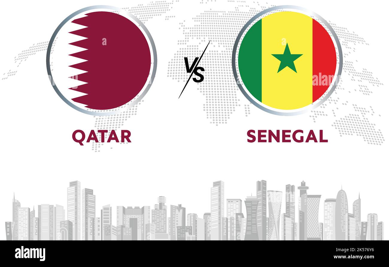 Qatar vs Senegal Fußball in Flaggen-Design auf Katar Skyline Hintergrund für Fußballturnier, Vektor für Sportmatch Vorlage oder Banner. Stock Vektor