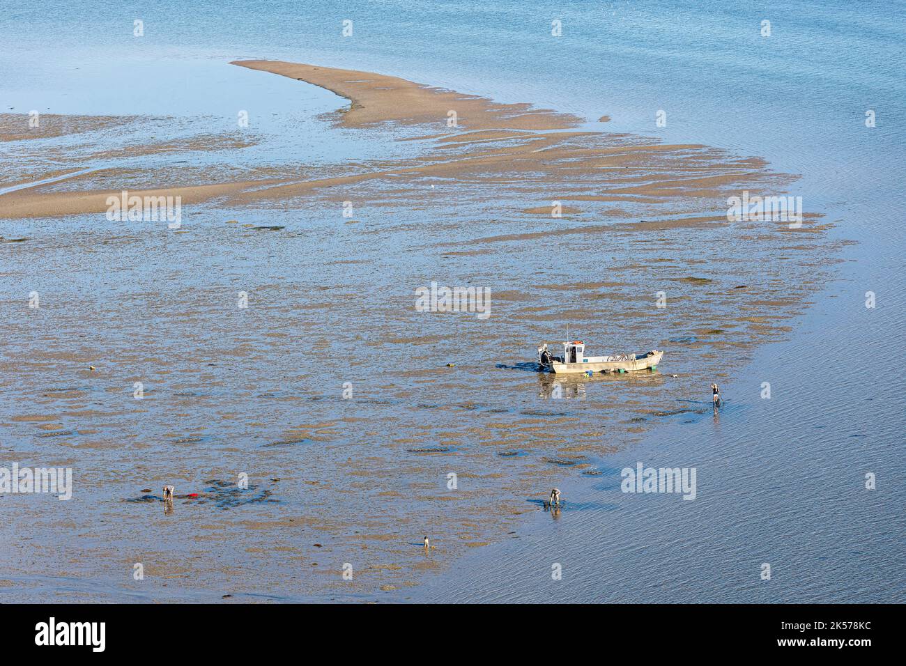 Frankreich, Vendee, Noirmoutier en l'Ile, Angeln zu Fuß und ein Boot bei Ebbe (Luftaufnahme) Stockfoto