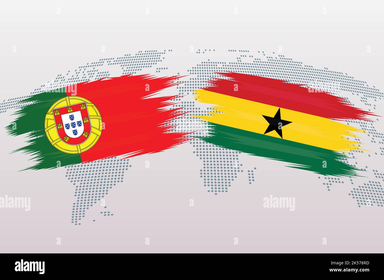 Portugal vs Ghana Fußball in Flaggen-Design auf der Weltkarte Hintergrund für Fußballturnier, Vektor für Sportmatch Vorlage oder Banner. Stock Vektor