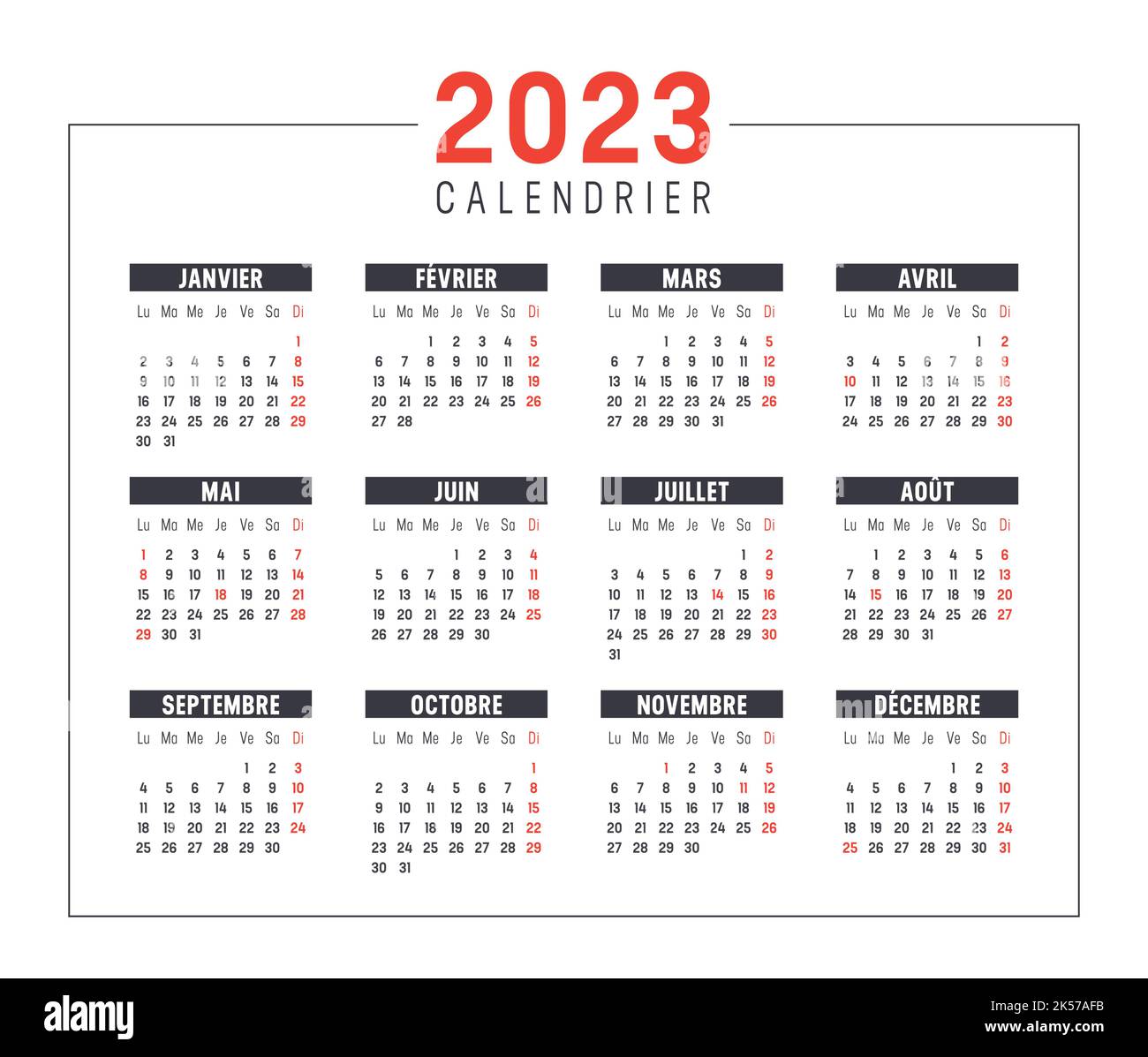 Jahr 2023 Kalender, in französischer Sprache isoliert auf weißem Hintergrund. Vektorvorlage. Stock Vektor