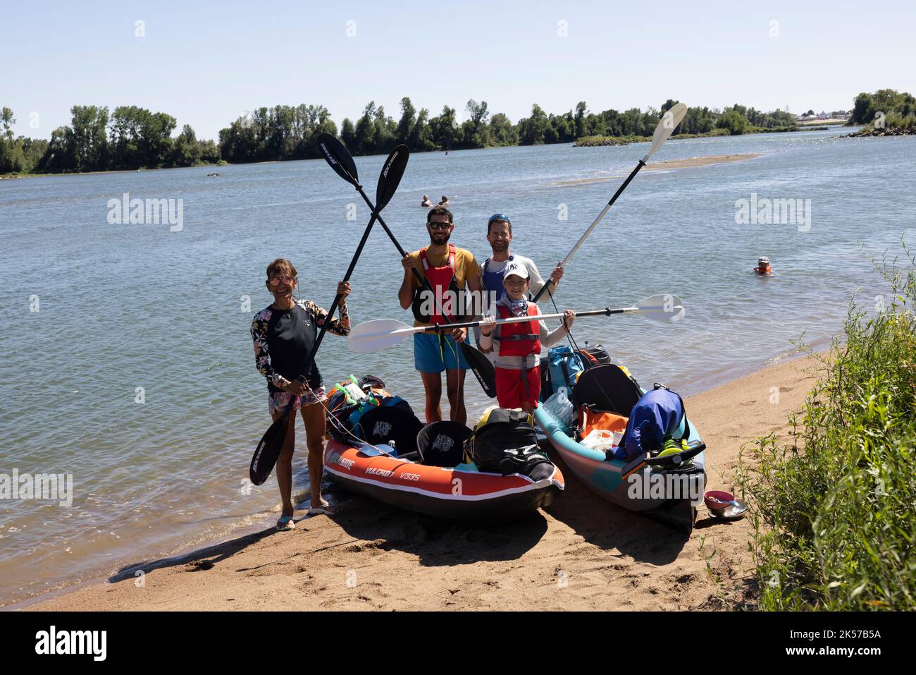 Frankreich, Loire Atlantique (44)), Loire-Tal, das von der UNESCO zum Weltkulturerbe erklärt wurde Ende der 8-tägigen Kajaktour auf der Loire in Thouaré sur Loire Stockfoto