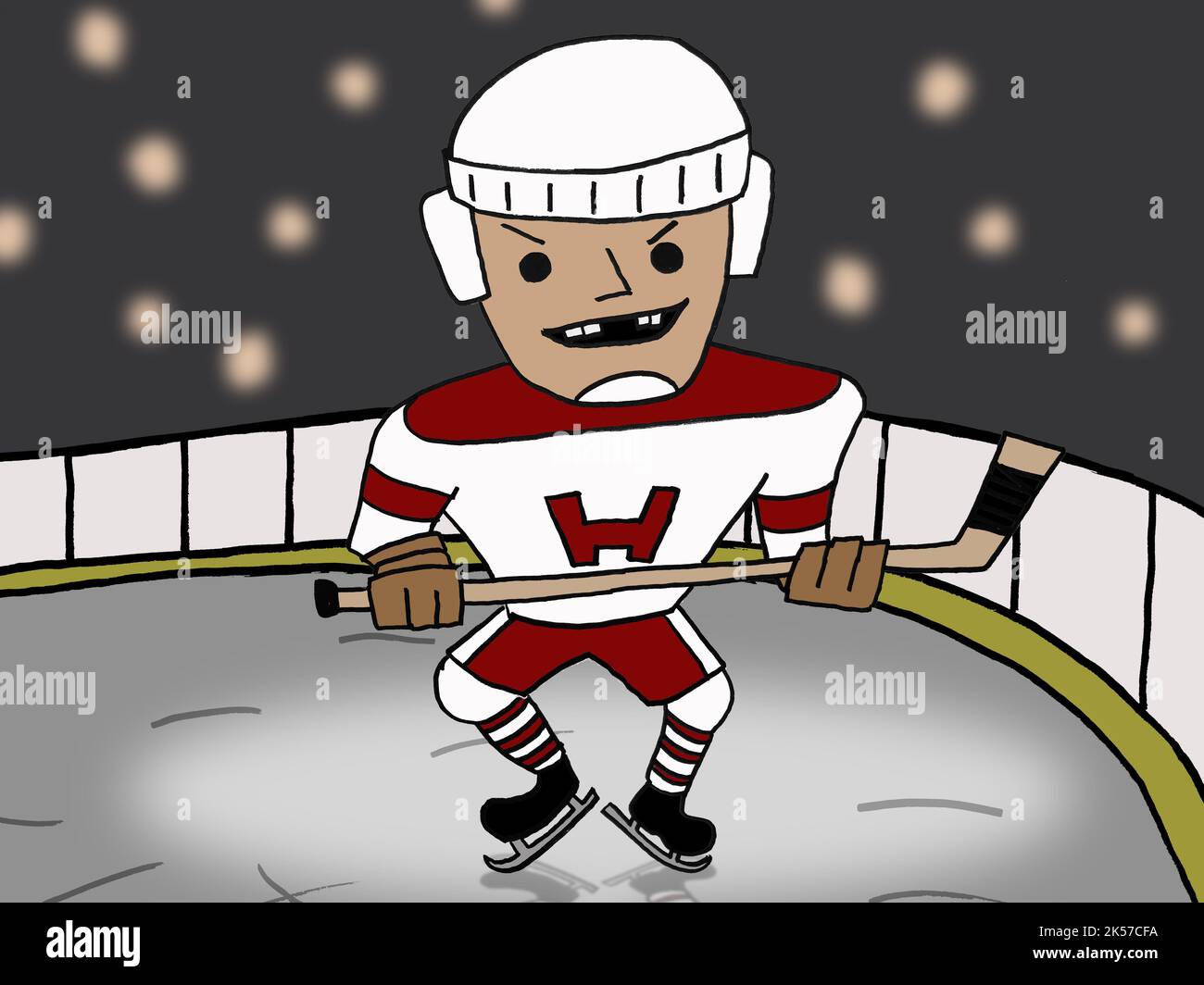 Ein Cartoon-Eishockeyspieler lächelt ein Zahnfehlergrinsen von der Eisbahn. Stockfoto