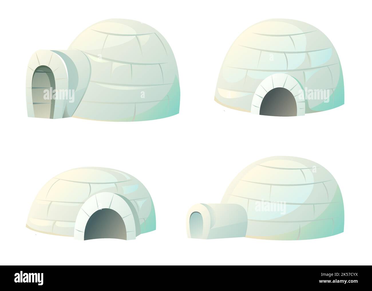 Set von Schnee-Iglu-Haus. Wohnung der nördlichen Nomadenvölker in der Arktis. Von Eis- und Schneeblöcken. Isoliert auf weißem Hintergrund. Illustrationsvektor. Stock Vektor