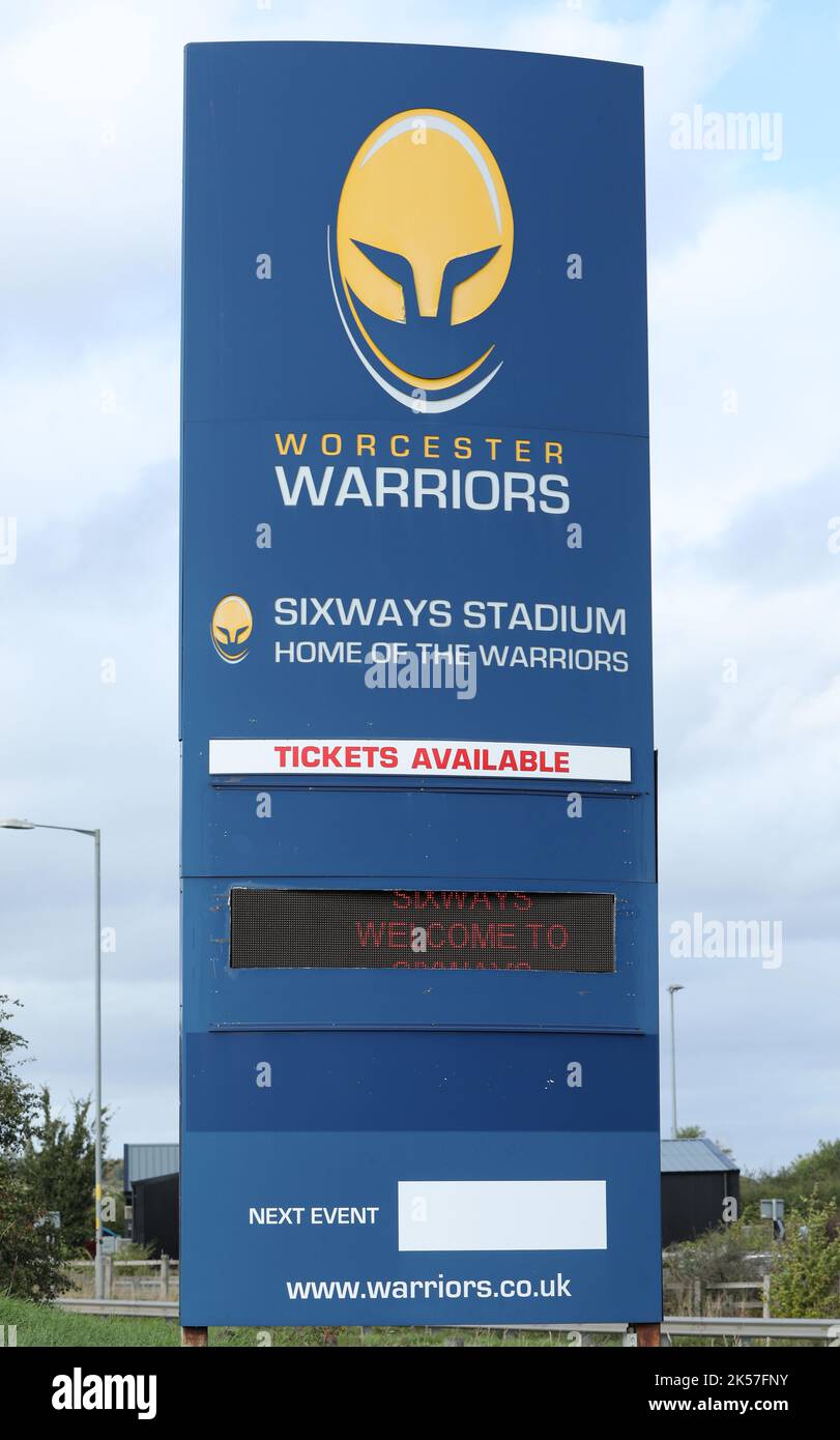 Der Worcester Warriors Rugby Football Club in Sixways in Worcester wurde von der Premiership-Saison 2022 ausgesetzt und wird für die Saison 2023 abgestiegen. Stockfoto