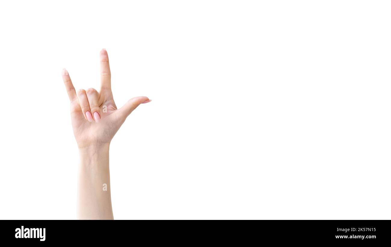Rock Geste Fan Unterstützung Hand Freude Horn Zeichen weiß Stockfoto