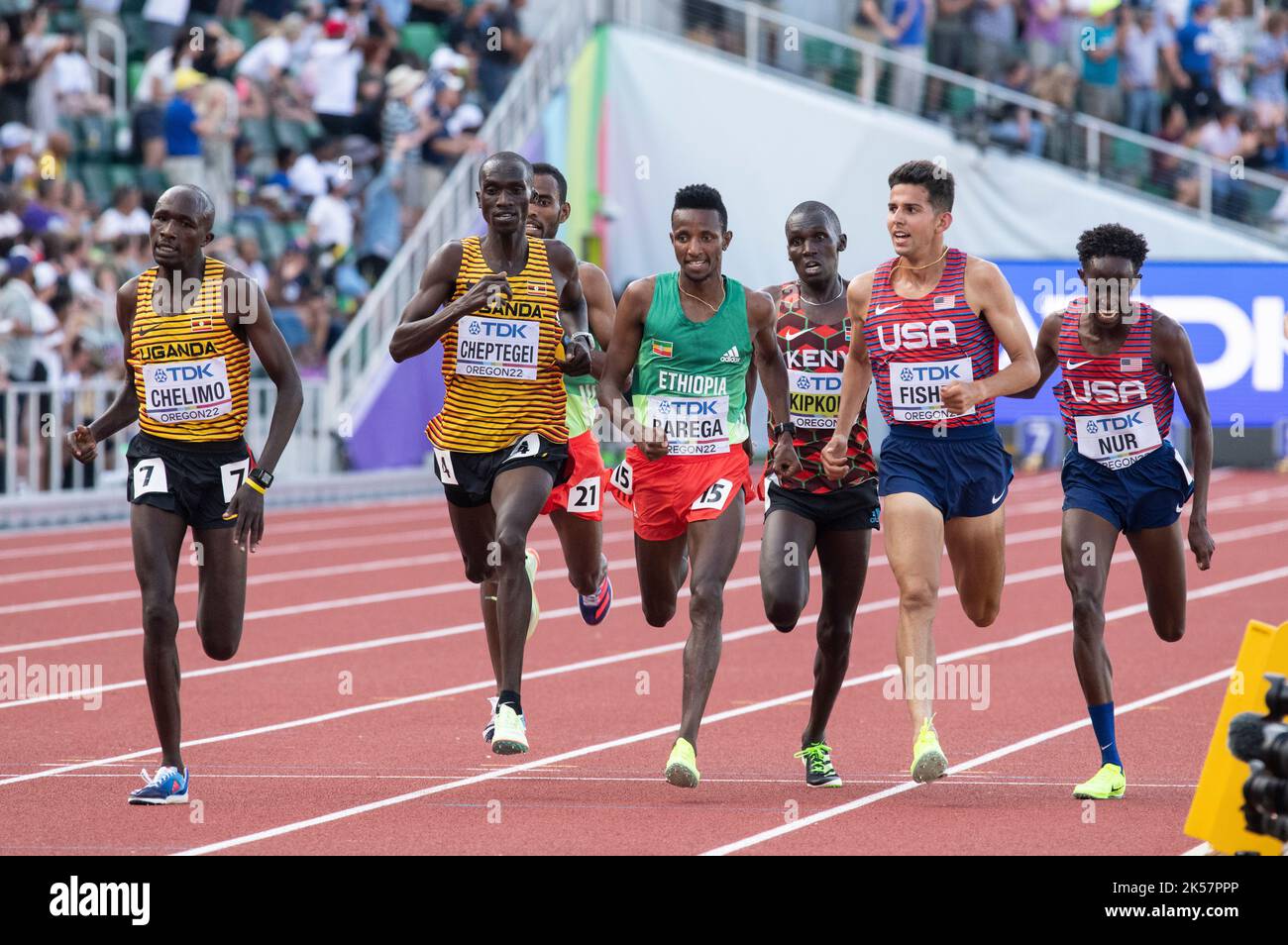 Oscar Chelimo, Joshua Cheptegei, Selemon Barega und Grant Fisher, die