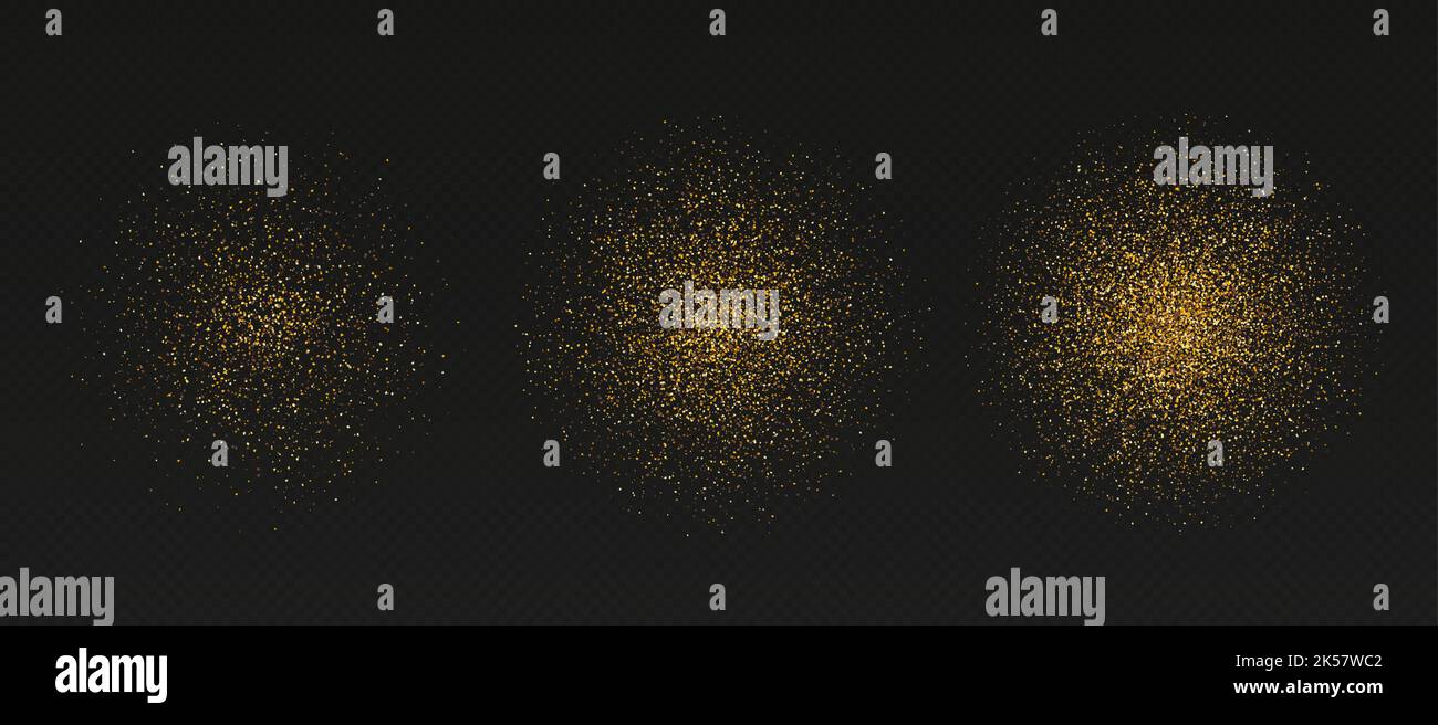 Goldene Glitzerhaufen, glänzender Sternenstaub, luxuriöse schimmernde Partikel in runder Form mit unterschiedlicher Dichte Stock Vektor