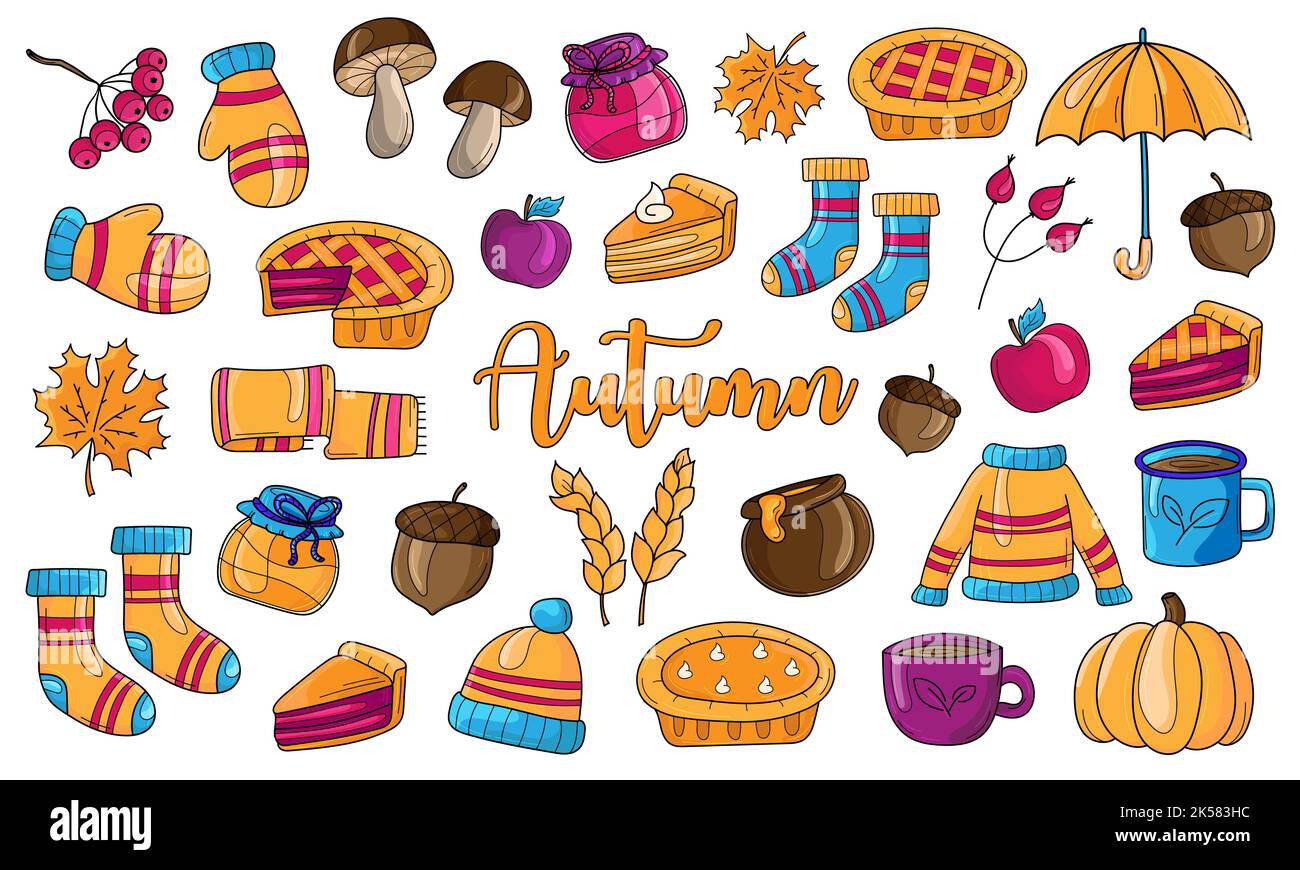 Herbst Wald und Garten Sammlung. Designelemente im Cartoon-Stil für die Herbstsaison. Kürbis, Pilz, Kuchen, Kleidung. Vektorgrafik auf Weiß. Stock Vektor