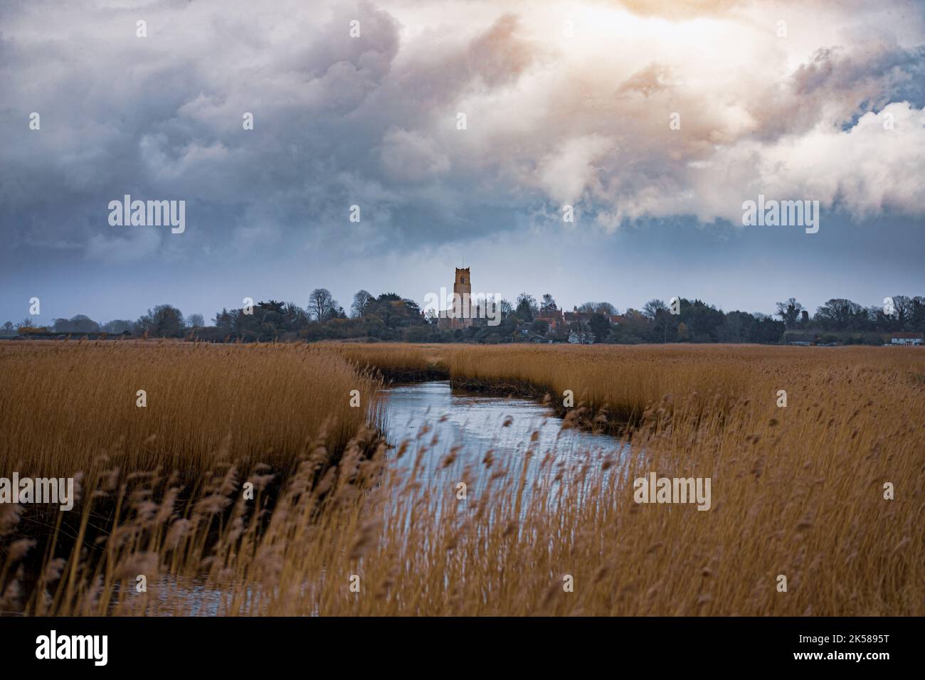 In den Schilfbetten mit stürmischem Himmel. Sie können Blythburgh Kirche im Hintergrund zu sehen.Great place für Spaziergänge und Vogelbeobachtung. Stockfoto