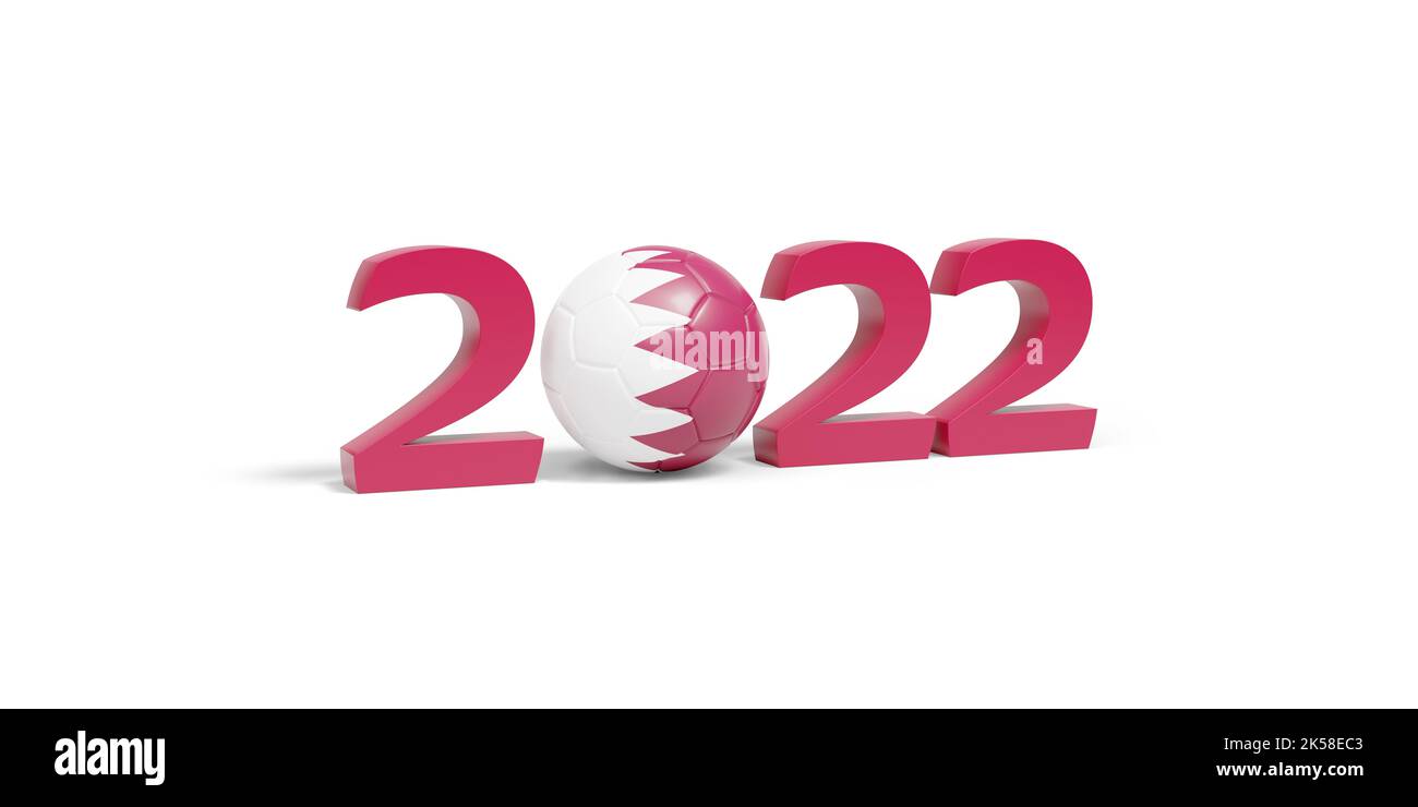 2022 in dreidimensionalen Zahlen mit einem Fußball mit der Flagge von Katar auf weißem Hintergrund isoliert. 3D Abbildung. Stockfoto