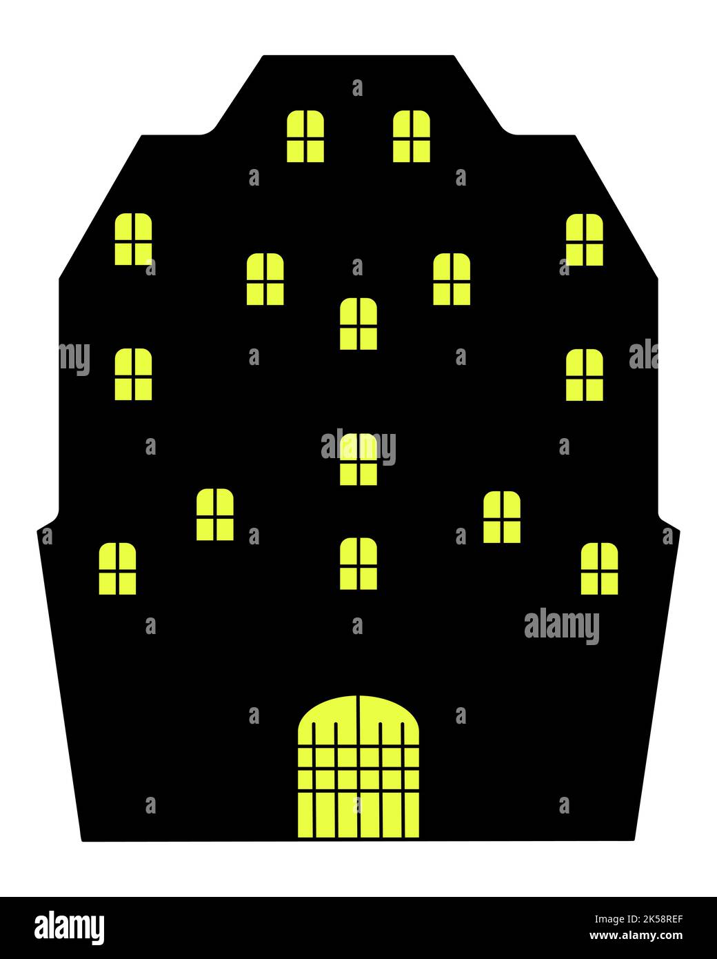 Geheimnisvolles Haus. Silhouette. Vektorgrafik. In den Fenstern des düsteren Gebäudes brennt ein helles Licht. Am Tor befindet sich ein Gitter. Stock Vektor