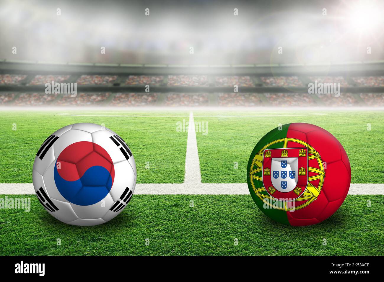 Korea Republic vs Portugal Fußball in hell erleuchtetem Outdoor-Stadion mit bemalten koreanischen und portugiesischen Flaggen. Konzentrieren Sie sich mit auf den Vordergrund und den Fußball Stockfoto