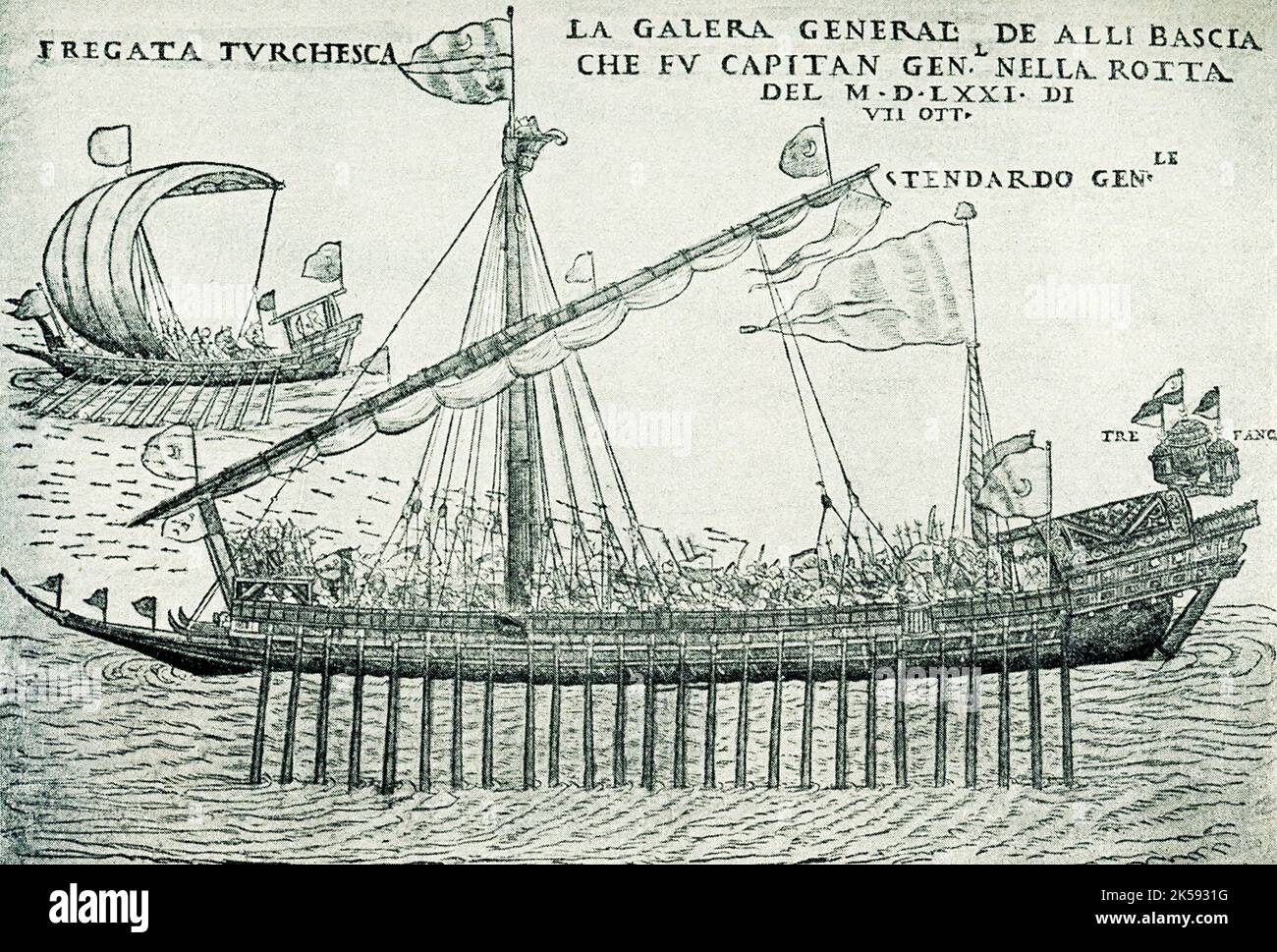 Die 1910 Überschrift lautet: 'Türkisches Kriegsschiff im 16.. Jahrhundert'. Das Original ist ein Kupferstich. Stockfoto