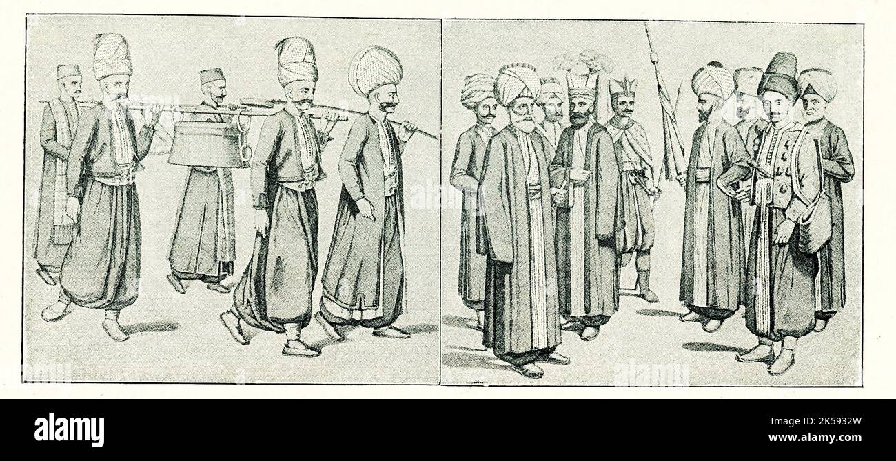 Dieses Bild aus dem Jahr 1910 zeigt die Kleidung von Janissaries. Die Bildunterschrift für dieses Bild von 1910 lautet: „Janissaries“. Janissary, auch geschrieben Janizary, türkischer Yeniçeri („Neuer Soldat“ oder „Neue Truppe“), war vom Ende des 14.. Jahrhunderts bis 1826 Mitglied eines Elitekorps in der ständigen Armee des Osmanischen Reiches. Die Janissaries, die im 15.. Und 16.. Jahrhundert für ihre militärische Stärke hoch geachtet wurden, wurden zu einer mächtigen politischen Kraft innerhalb des osmanischen Staates. In Friedenszeiten waren sie daran gewöhnt, Grenzstädte zu bewachen und die Hauptstadt Istanbul zu überwachen. Sie bildeten die erste Moderne Stockfoto