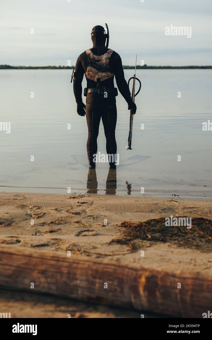 Rückansicht eines Tauchers in einem Neoprenanzug mit einer Speergun. Abenteuerlicher junger Mann, der sich bereit für das Speerfischen im Meerwasser gemacht hat. Stockfoto
