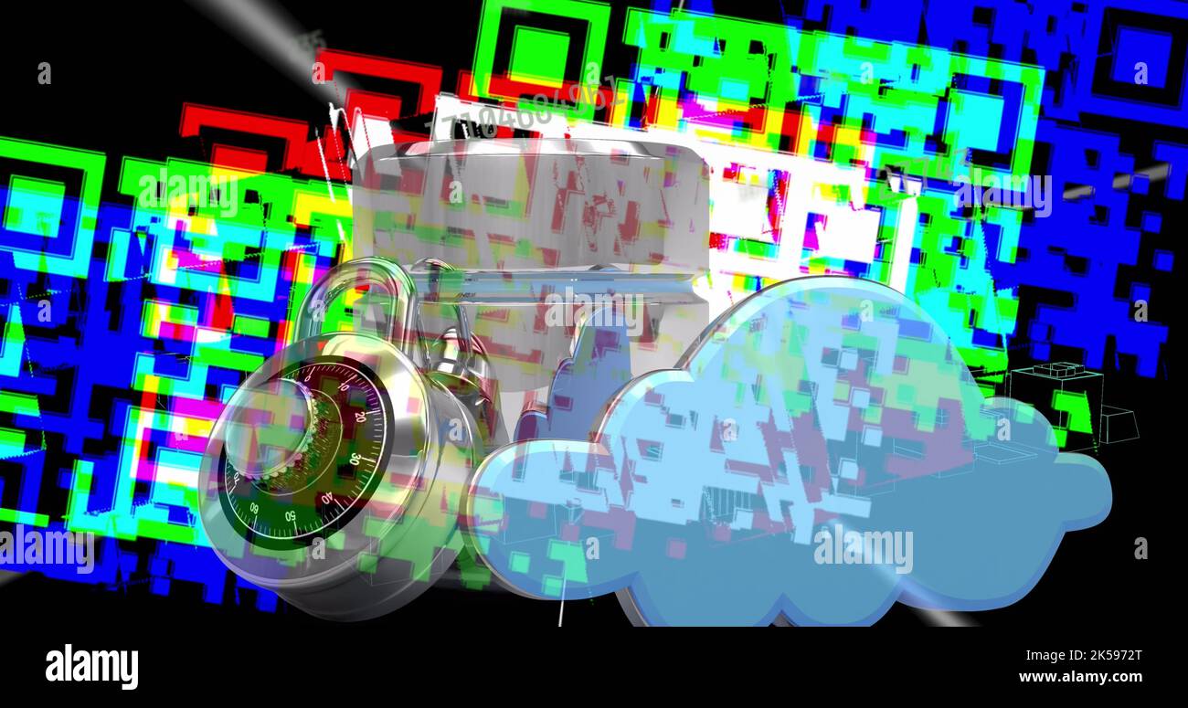 Bild der Datenverarbeitung mit qr-Code über Vorhängeschloss auf schwarzem Hintergrund Stockfoto