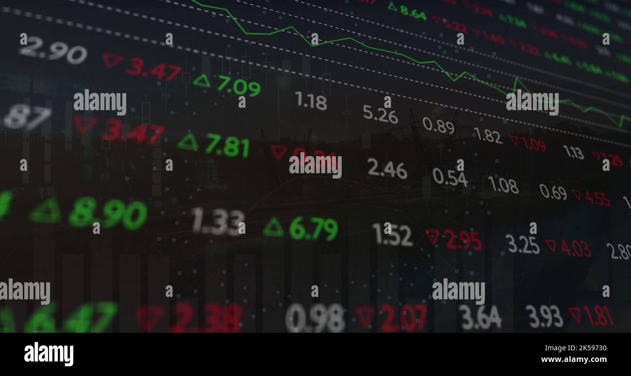 Bild: Oszilloskop-Scan mit Computersymbol über Börse auf schwarzem Hintergrund Stockfoto