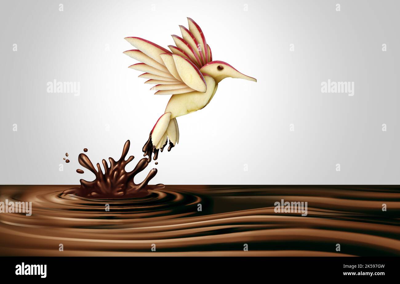 Schokoladenfondue-Lebensmittel wie schmelzende reiche dunkelbraune Süßigkeiten flüssige Sauce, die fließt und spritzt auf einem Apfel geschnitzte Früchte geformt wie ein fliegender Vogel. Stockfoto