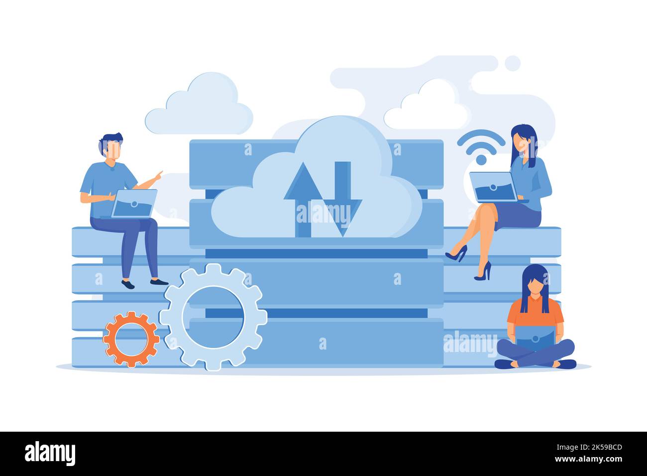 Benutzer mit Laptops, die mit Datenbanken arbeiten. Datenspeicherung und -Organisation, Informationszugriff und -Management – Vektordarstellung Stock Vektor