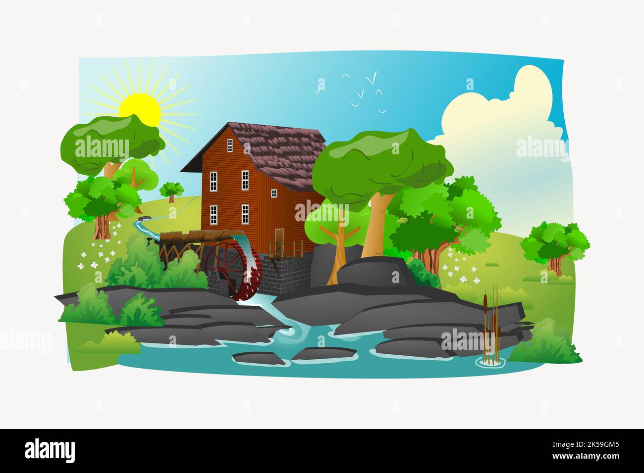 Wassermühle Landschaft Cliparts, Umwelt Illustration Vektor. Stock Vektor