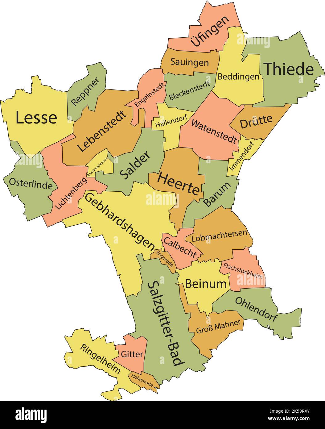 Pastellfarbene flache Vektor-Verwaltungskarte von SALZGITTER, DEUTSCHLAND mit Namensschildern und schwarzen Grenzlinien seiner Bezirke Stock Vektor