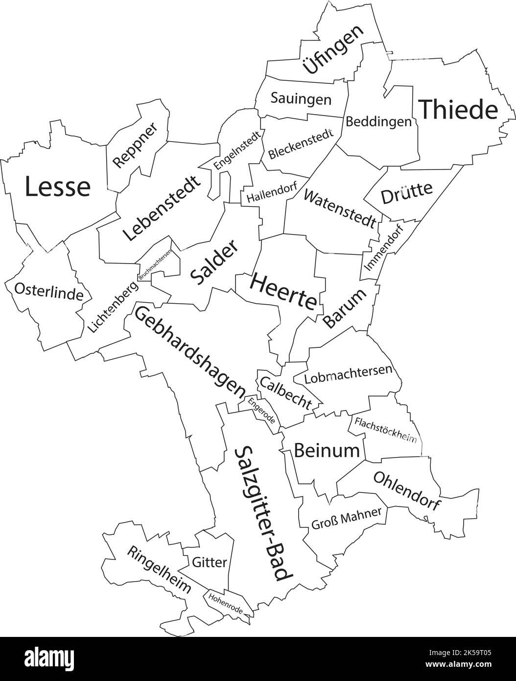Weiße flache Vektor-Verwaltungskarte von SALZGITTER, DEUTSCHLAND mit Namensschildern und schwarzen Grenzlinien seiner Bezirke Stock Vektor