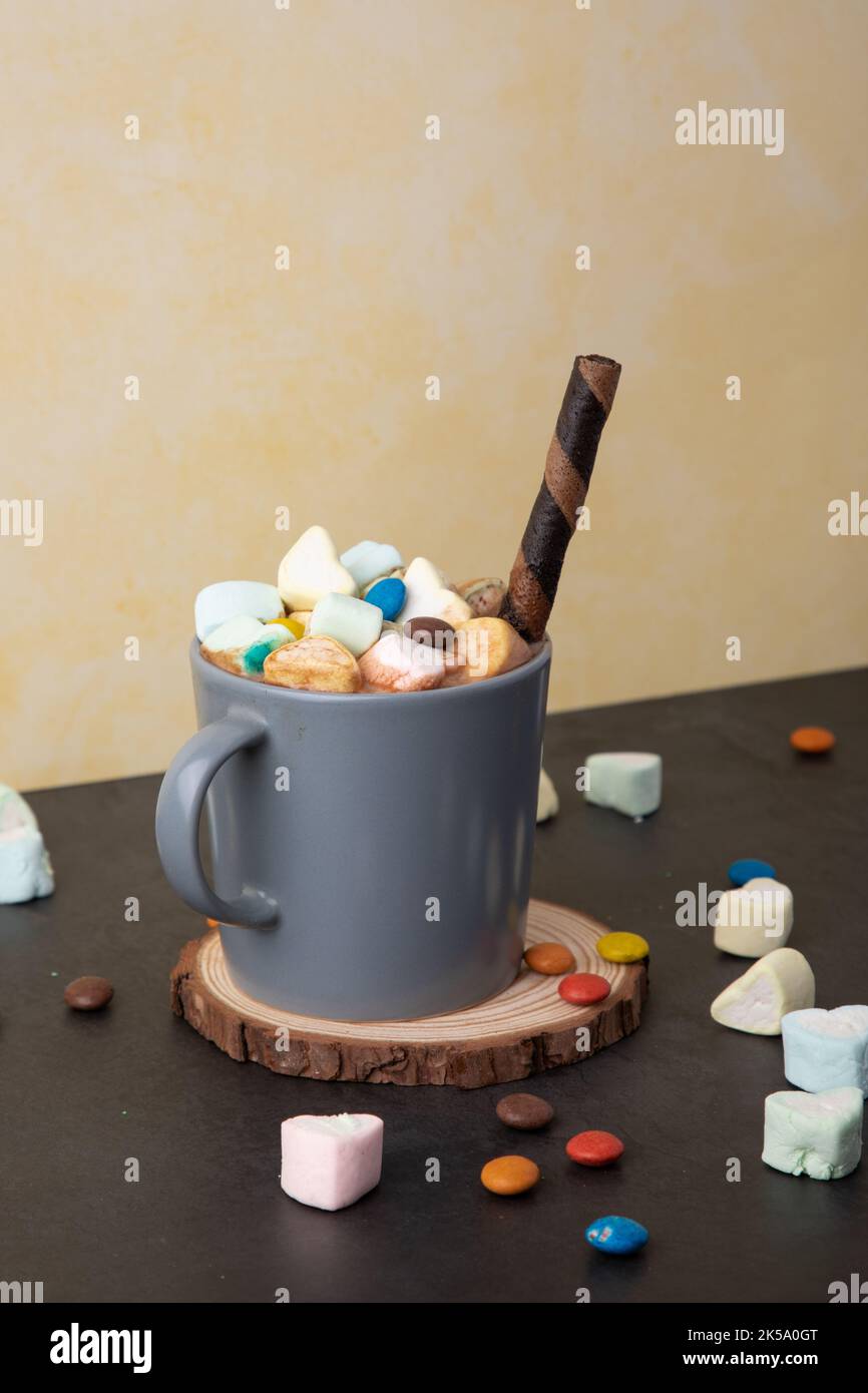 HEISSE SCHOKOLADENMILCH: Aller Zeitliebling für Kinder die heiße Schokoladenmilch mit Marschmalchen gekrönt Stockfoto