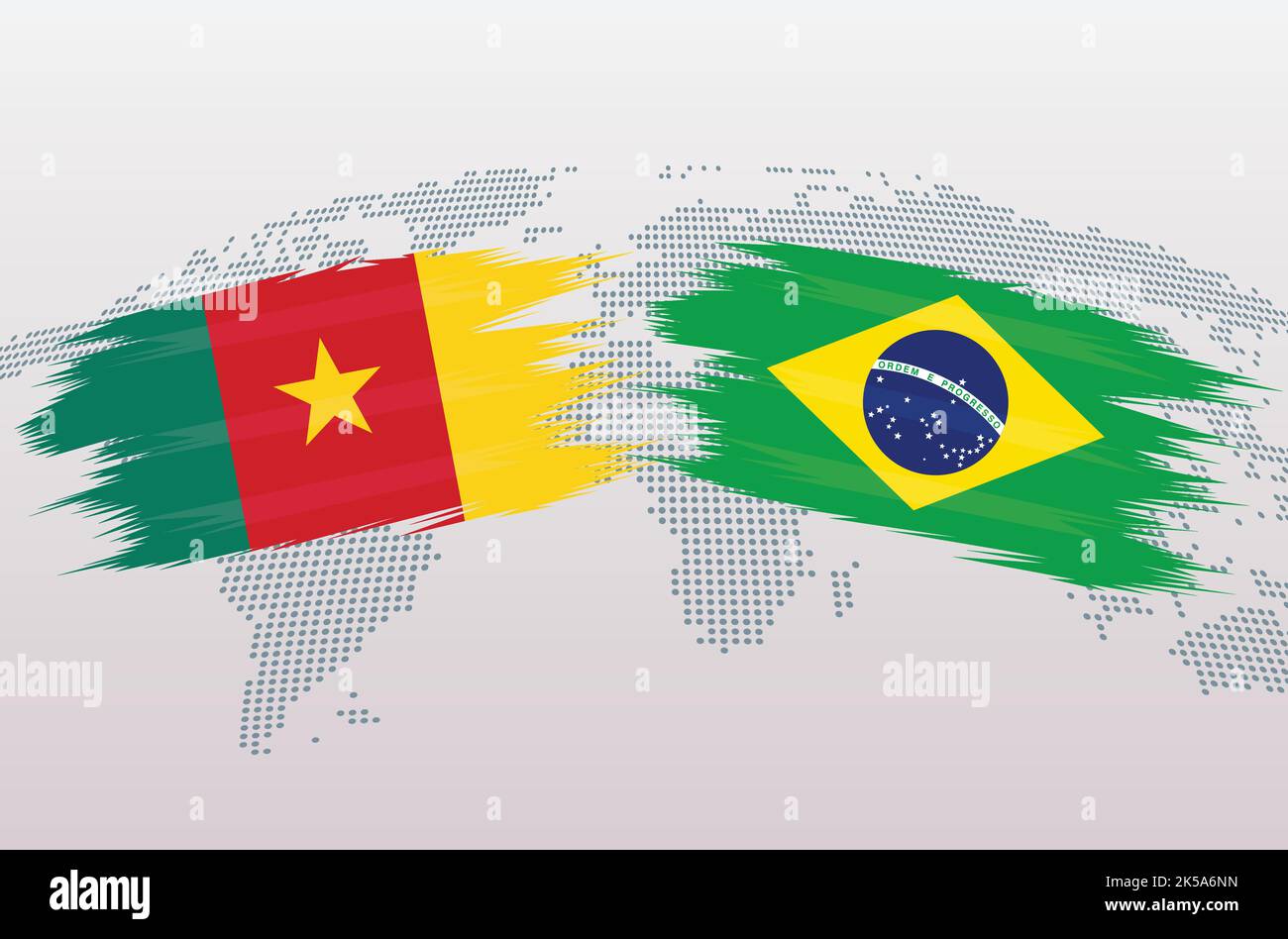 Kamerun gegen Brasilien Flaggen. Kamerun und Brasilien Flaggen, isoliert auf grauer Weltkarte Hintergrund. Vektorgrafik. Stock Vektor