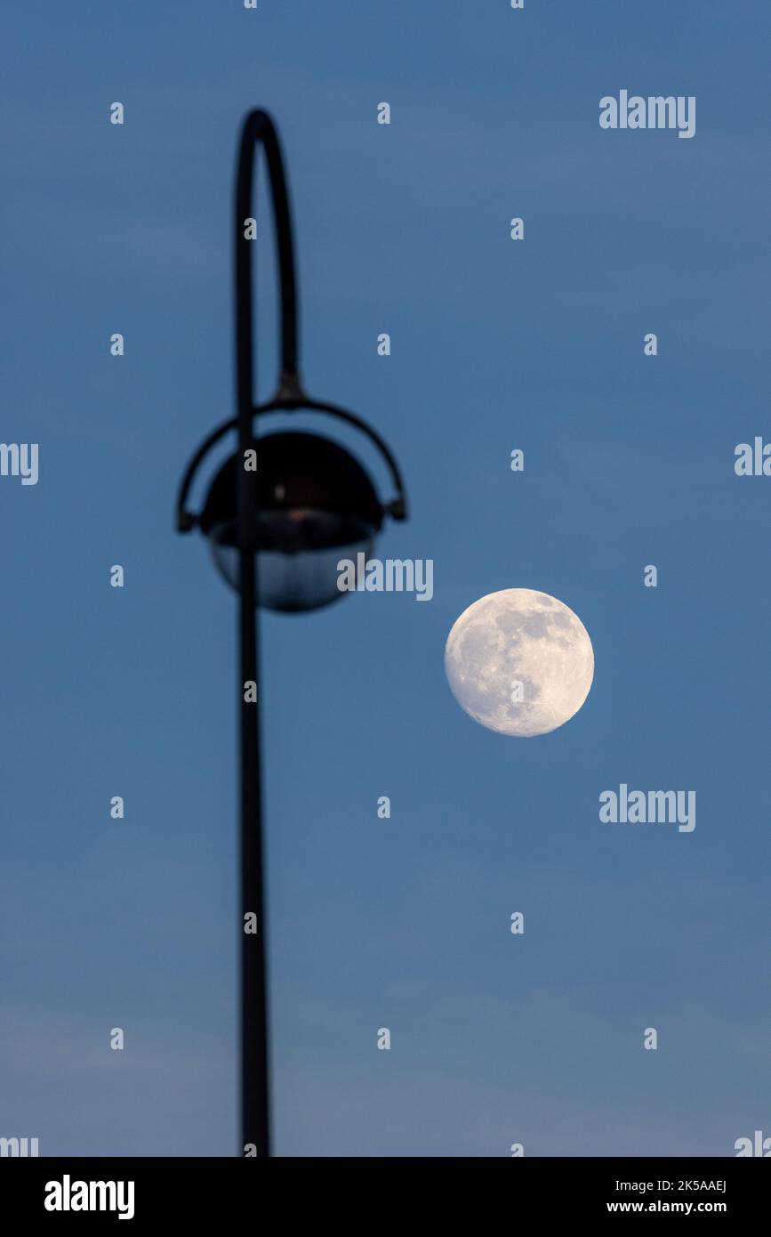 Vollmond vor einem Laternenpfosten Stockfoto