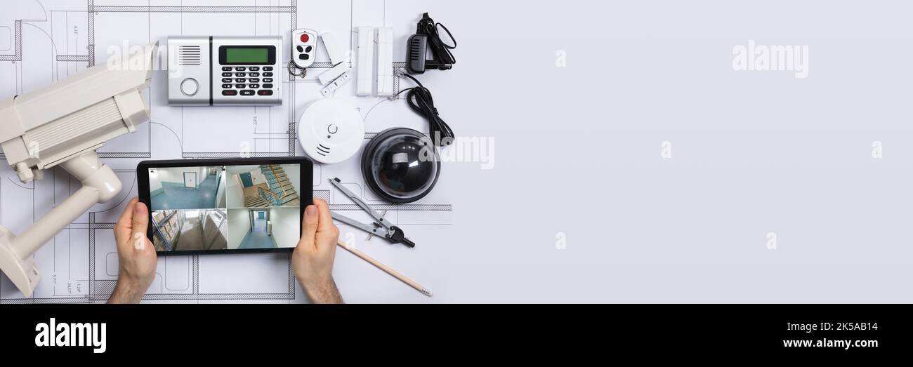 Sicherheitseinrichtungen für CCTV-Systeme und Alarm für Heimbüros Stockfoto