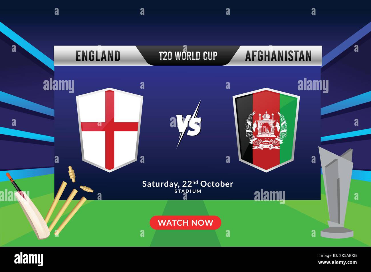 Cricket-Konzept mit Silber Gewinner Trophy der teilnehmenden Team England vs Afghanistan auf Stadium Lights Hintergrund. Fußball-Weltmeisterschaft T20. Stock Vektor
