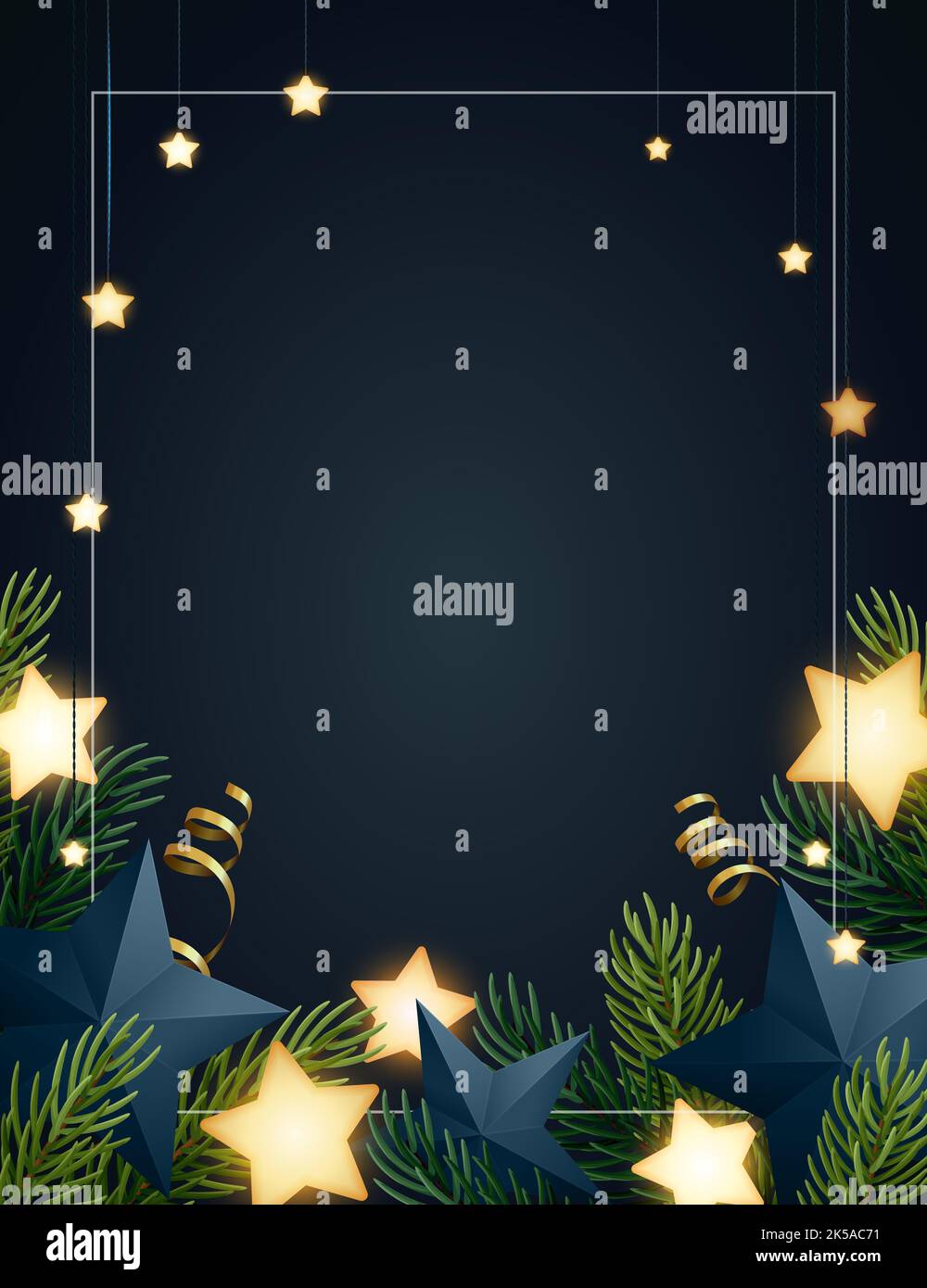 Weihnachtliches Hintergrunddesign mit Tannenzweigen, leuchtenden Sternen, goldenen Serpentinen und Papiersternen. Dunkler Hintergrund mit Platz für Text. Vektorbanner Stockfoto