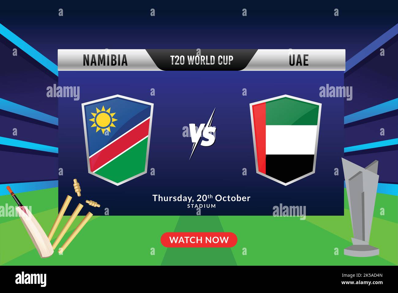 Cricket-Konzept mit Silber Gewinner Trophy der teilnehmenden Team Namibia vs VAE auf Stadium Lights Hintergrund. Fußball-Weltmeisterschaft T20. Stock Vektor