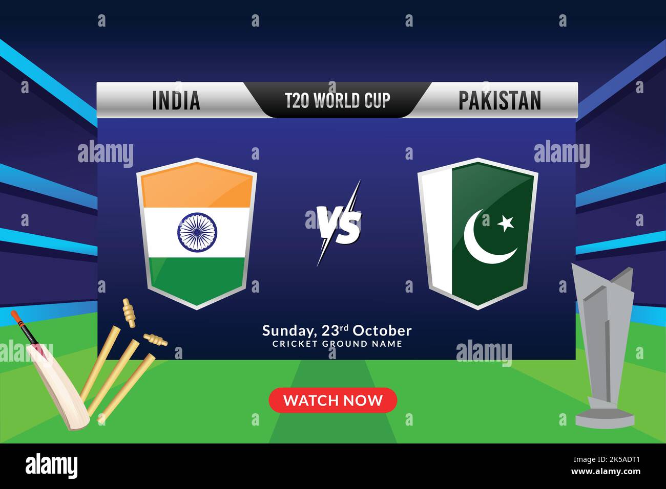 Cricket-Konzept mit Silver Winning Trophy der teilnehmenden Team A vs B auf Stadium Lights Hintergrund. Fußball-Weltmeisterschaft T20. Stock Vektor