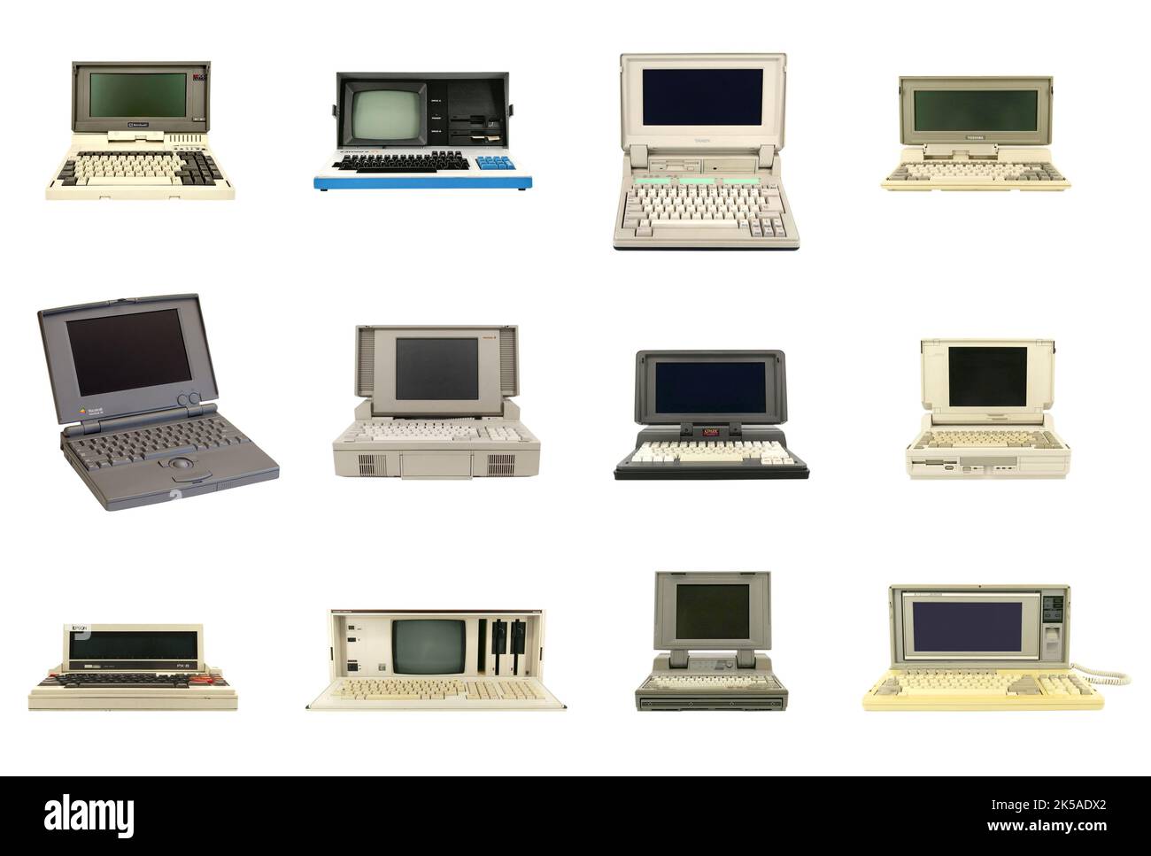 Alte tragbare Computer im Retro-Stil isoliert. Sammlung von Vintage-Laptops auf weißem Hintergrund Stockfoto