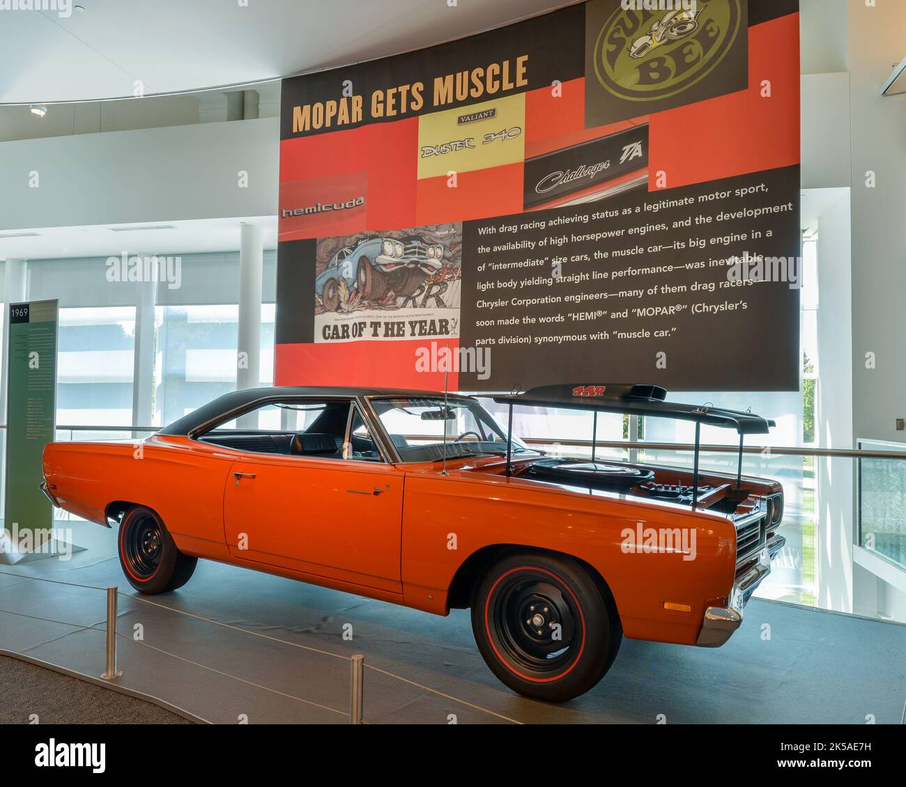 AUBURN HILLS, MI/USA - 19. AUGUST 2016: Ein Plymouth Road Runner-Wagen aus dem Jahr 1969, Walter P. Chrysler Museum. Stockfoto