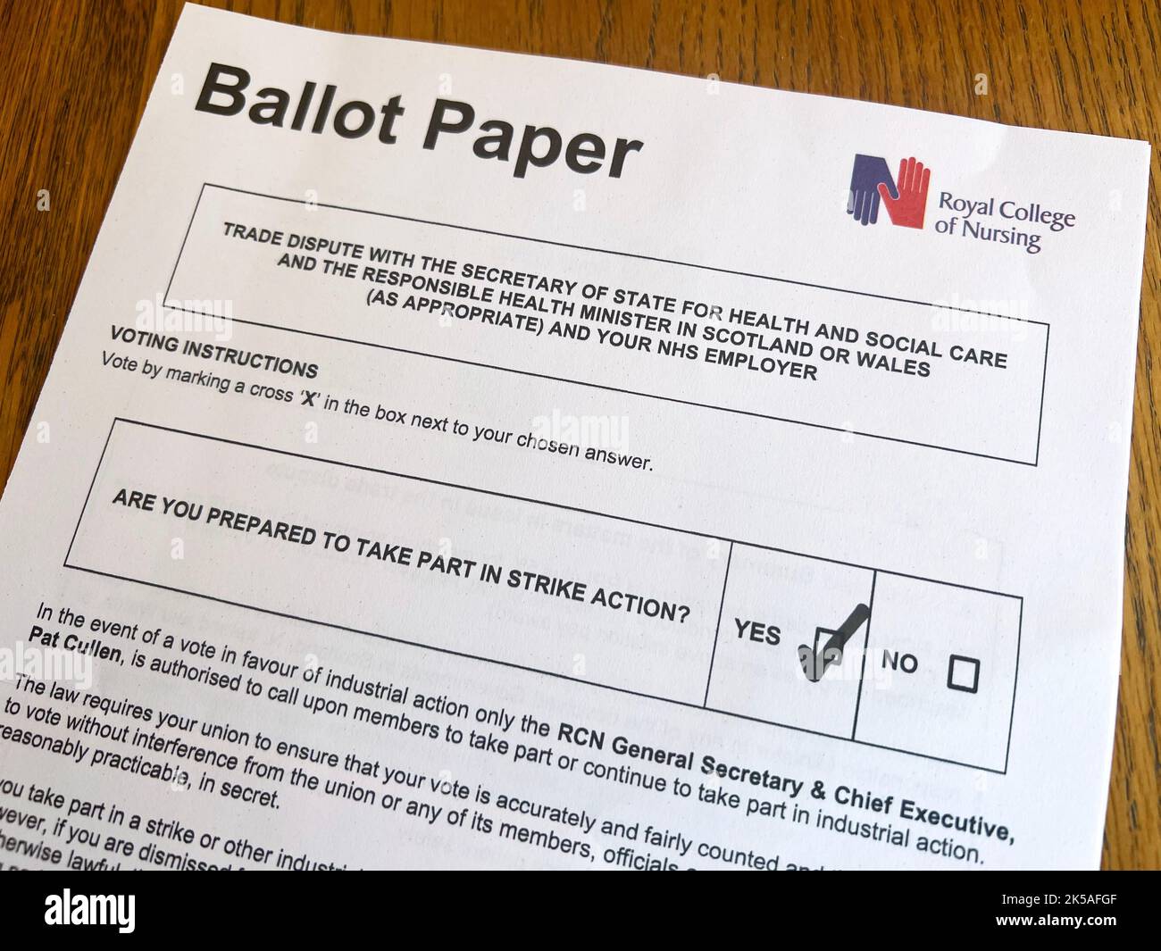 Streikstimmzettel der Royal College of Nursing RCN Industrial Action Stockfoto