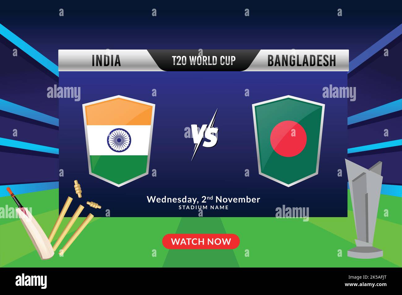 Cricket-Konzept mit Silver Winning Trophy der teilnehmenden Team A vs B auf Stadium Lights Hintergrund. Fußball-Weltmeisterschaft T20. Stock Vektor