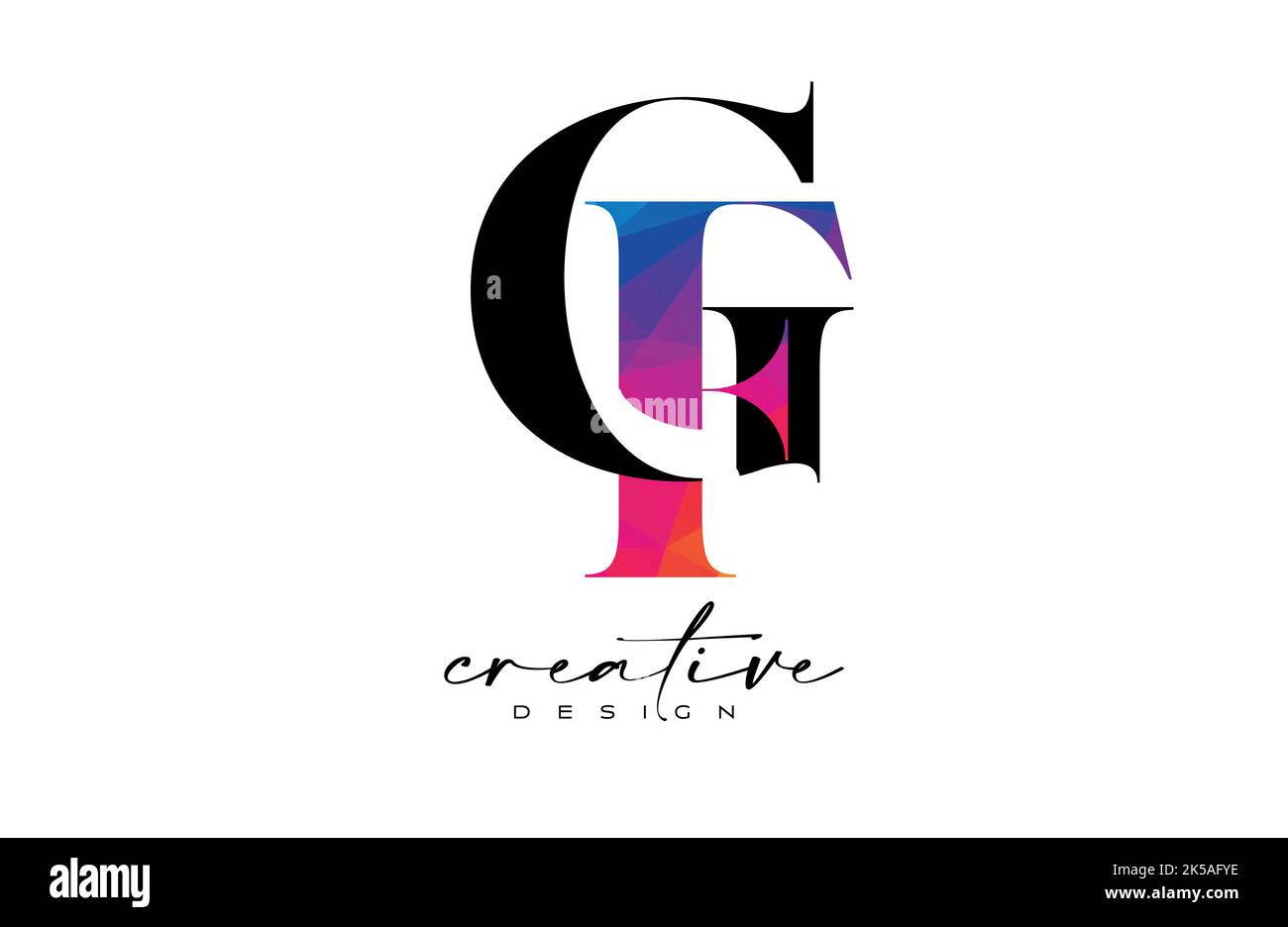 GF Letter Design mit kreativem Schnitt und farbenfroher Regenbogenstruktur. GF Letter Icon Vector Logo mit Serif-Schrift und minimalistischem Stil. Stock Vektor