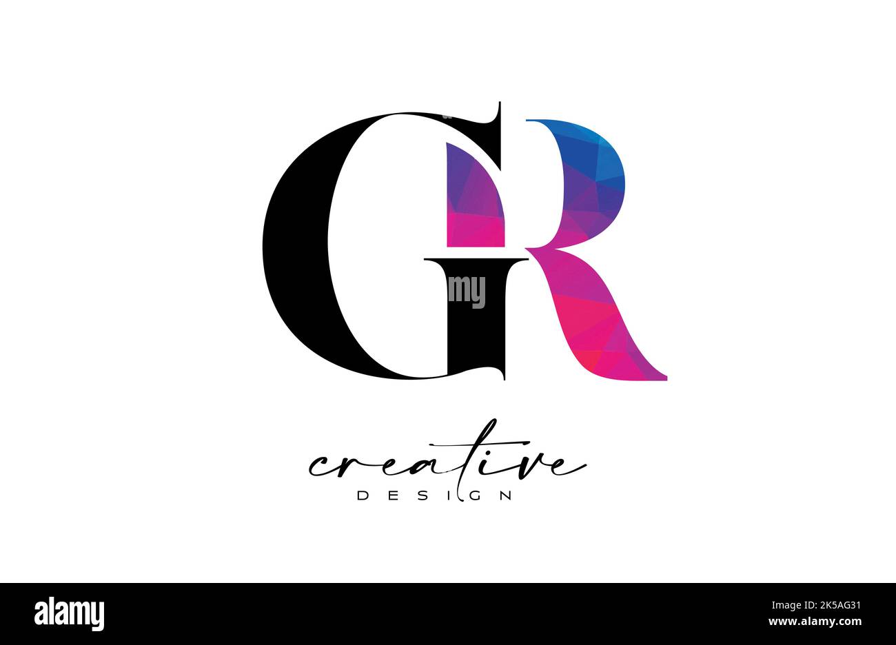 GR Briefdesign mit kreativem Schnitt und farbenfroher Regenbogenstruktur. GR Letter Icon Vektor-Logo mit Serif-Schriftart und minimalistischem Stil. Stock Vektor
