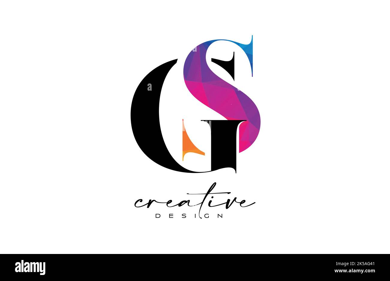 GS Briefdesign mit kreativem Schnitt und farbenfroher Regenbogenstruktur. SG Letter Icon Vektor-Logo mit Serif-Schriftart und minimalistischem Stil. Stock Vektor
