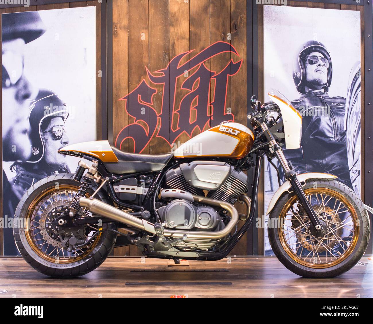 Cleveland, OH, USA - 29. Januar 2016: Ein Custom Star Bolt Motorrad von Jeff Palhegyi Design, Progressive International Motorcycle Show. Stockfoto