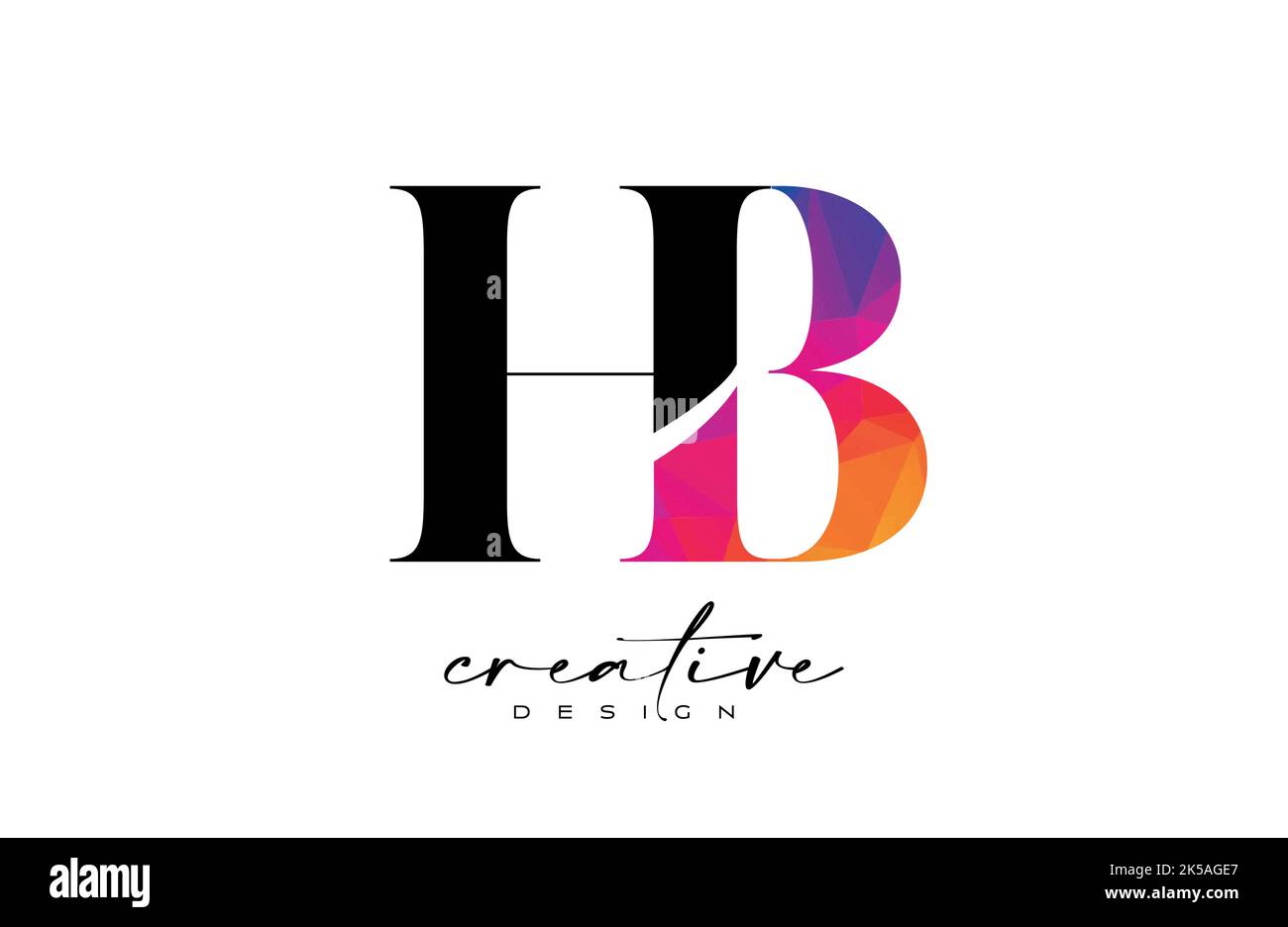 HB Briefdesign mit kreativem Schnitt und farbenfroher Regenbogenstruktur. HB Letter Icon Vektor-Logo mit Serif-Schriftart und minimalistischem Stil. Stock Vektor
