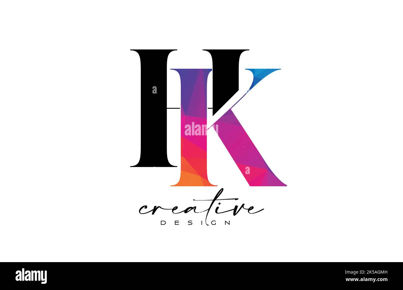 HK-Briefdesign mit kreativem Schnitt und farbenfroher Regenbogenstruktur. KH Letter Icon Vektor-Logo mit Serif-Schriftart und minimalistischem Stil. Stock Vektor