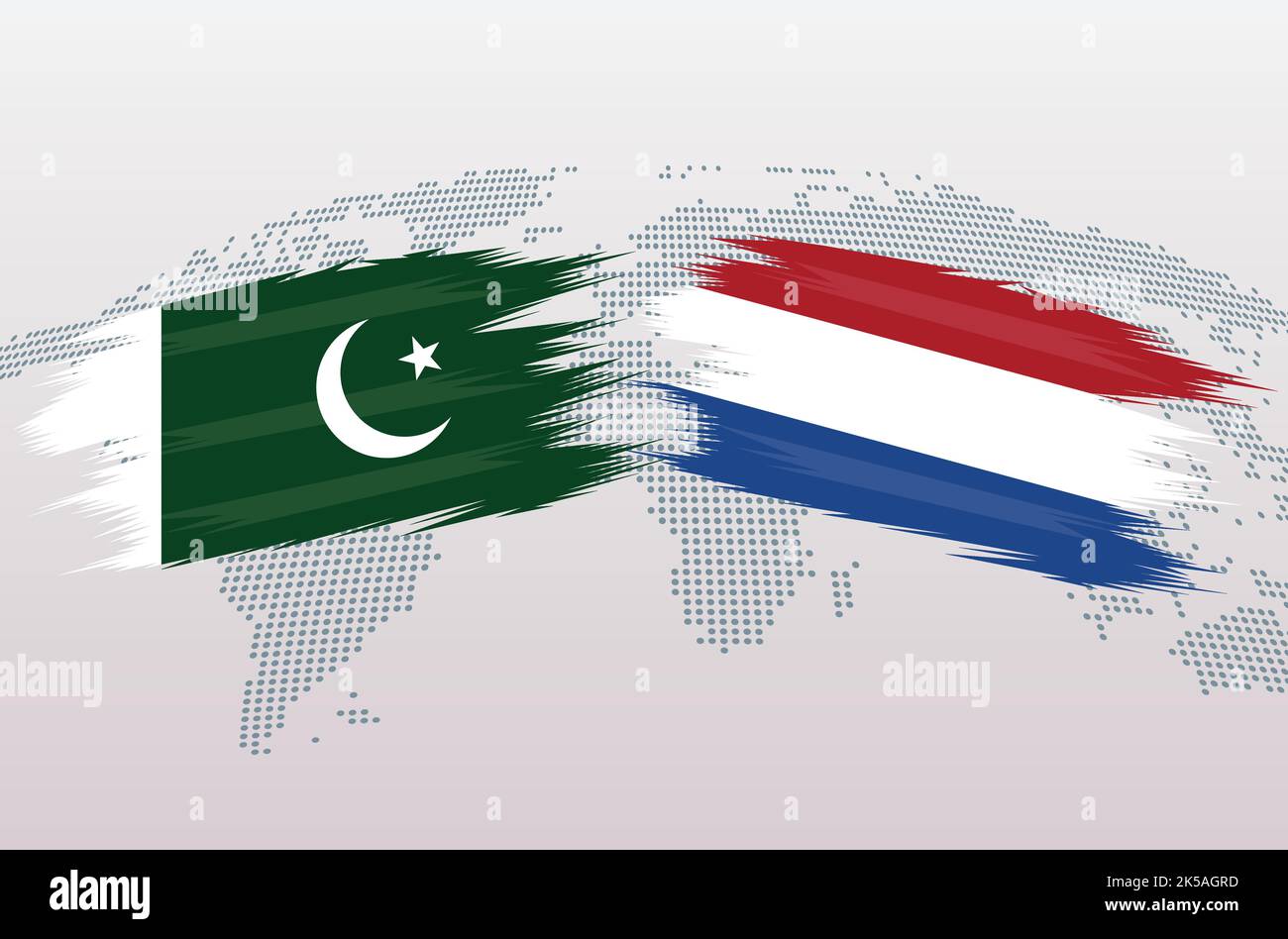 Pakistan gegen Niederlande Flaggen. Islamische Republik Pakistan vs. Niederländische Flaggen, isoliert auf grauem Hintergrund der Weltkarte. Vektorgrafik. Stock Vektor